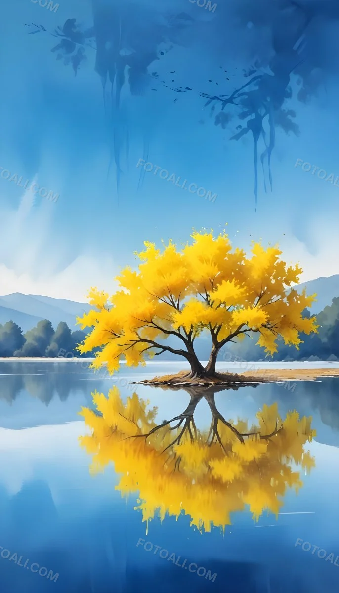A Yellow Tree In The Middle Of A Lake With A Reflection On The Water Clear Blue Sky In The Background 40 1f93