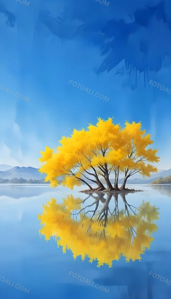 A Yellow Tree In The Middle Of A Lake With A Reflection On The Water Clear Blue Sky In The Background 5 Aa51