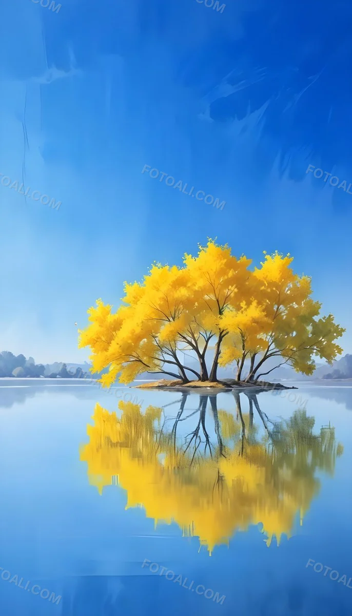 A Yellow Tree In The Middle Of A Lake With A Reflection On The Water Clear Blue Sky In The Background 6 D71b