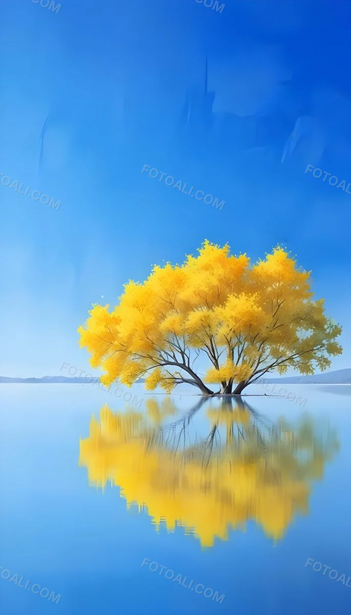 A Yellow Tree In The Middle Of A Lake With A Reflection On The Water Clear Blue Sky In The Background 7 F44f