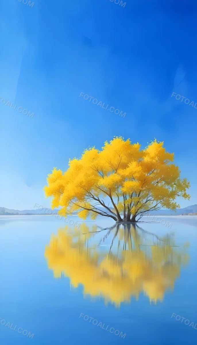 A Yellow Tree In The Middle Of A Lake With A Reflection On The Water Clear Blue Sky In The Background 8 D265