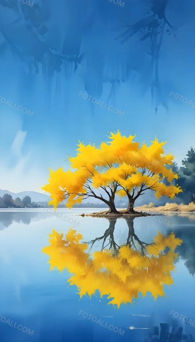 A Yellow Tree In The Middle Of A Lake With A Reflection On The Water Clear Blue Sky In The Background 9 4db3