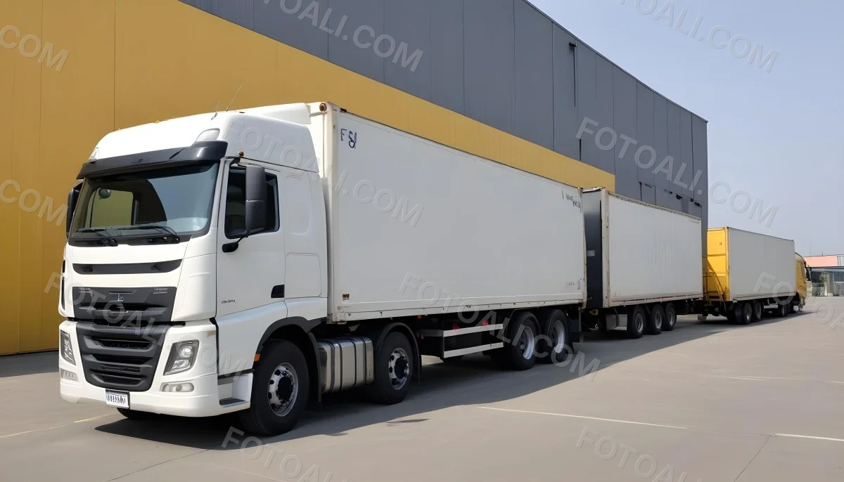 A Yellow Truck With A White Container Parked In Front Of A Factory With Metal Structures And Gray Walls 11 7c55