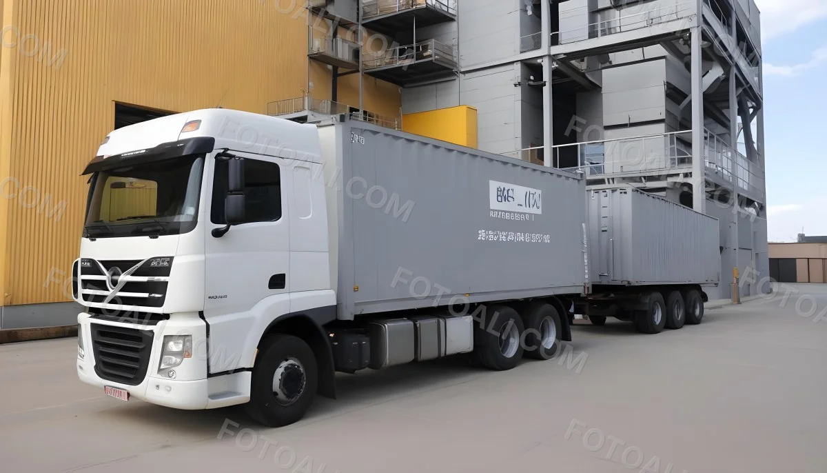 A Yellow Truck With A White Container Parked In Front Of A Factory With Metal Structures And Gray Walls 12 1071