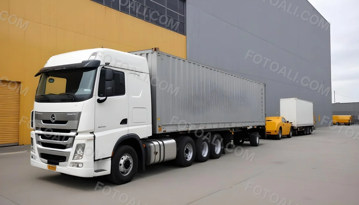 A Yellow Truck With A White Container Parked In Front Of A Factory With Metal Structures And Gray Walls 13 Ba92