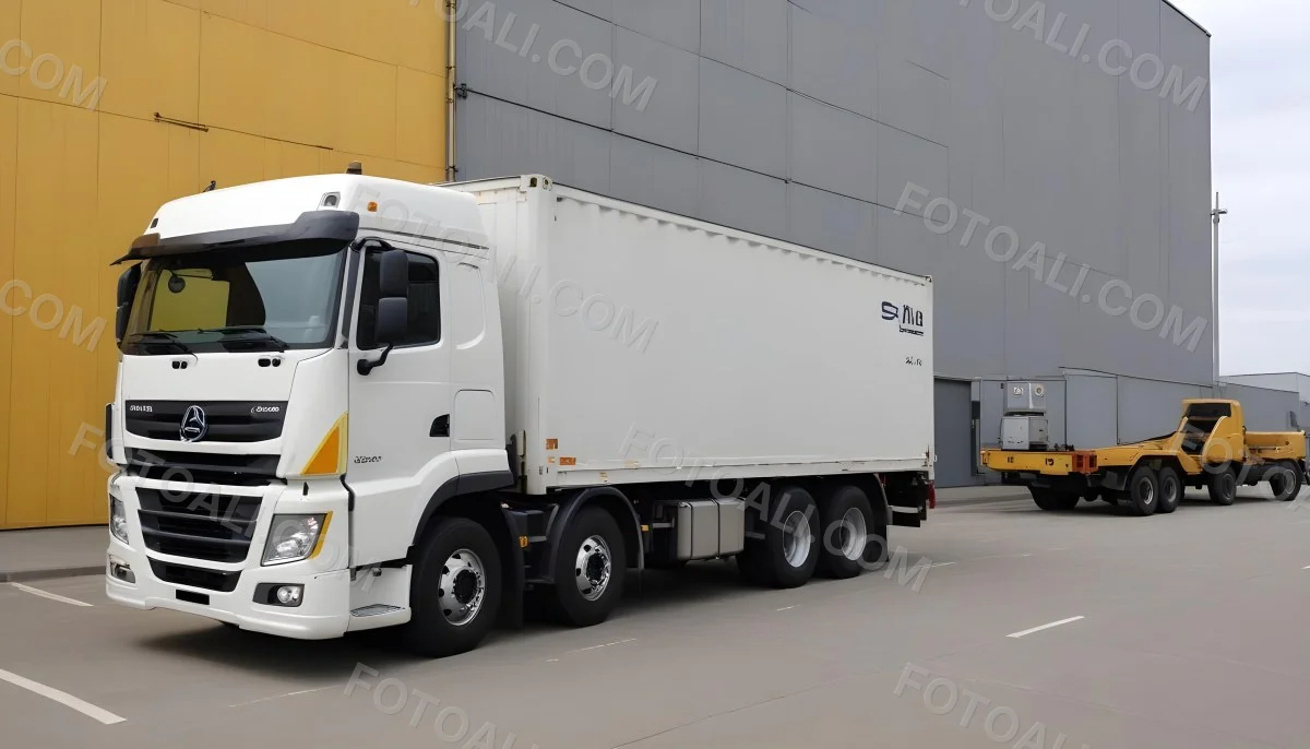 A Yellow Truck With A White Container Parked In Front Of A Factory With Metal Structures And Gray Walls 2 094b