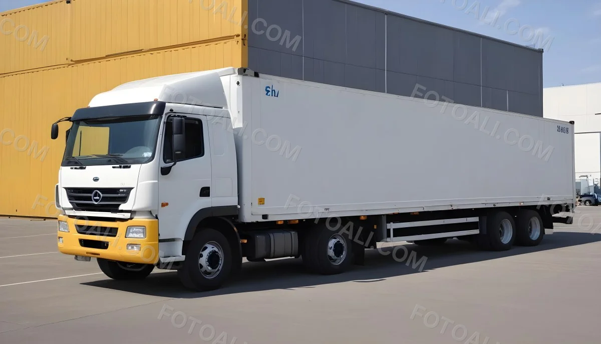A Yellow Truck With A White Container Parked In Front Of A Factory With Metal Structures And Gray Walls 4 4277