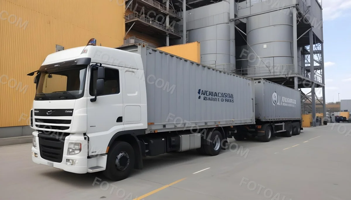 A Yellow Truck With A White Container Parked In Front Of A Factory With Metal Structures And Gray Walls 5 0b6f