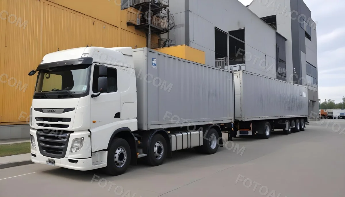 A Yellow Truck With A White Container Parked In Front Of A Factory With Metal Structures And Gray Walls 6 Af8c
