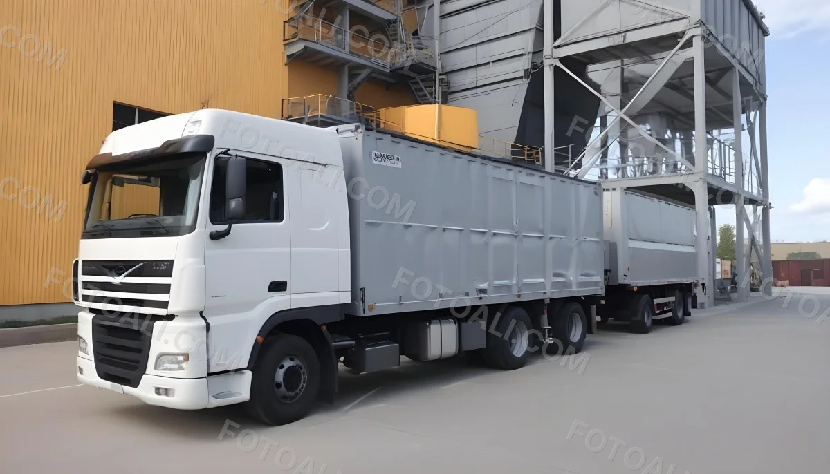 A Yellow Truck With A White Container Parked In Front Of A Factory With Metal Structures And Gray Walls 7 E04e