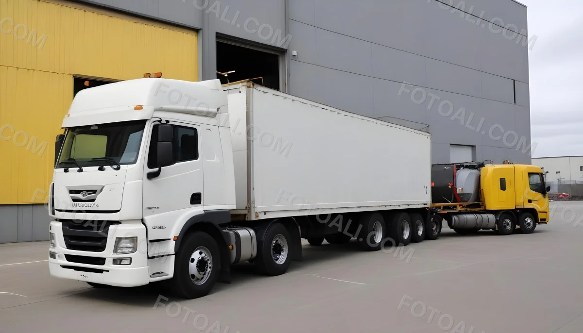 A Yellow Truck With A White Container Parked In Front Of A Factory With Metal Structures And Gray Walls 8 Afe4
