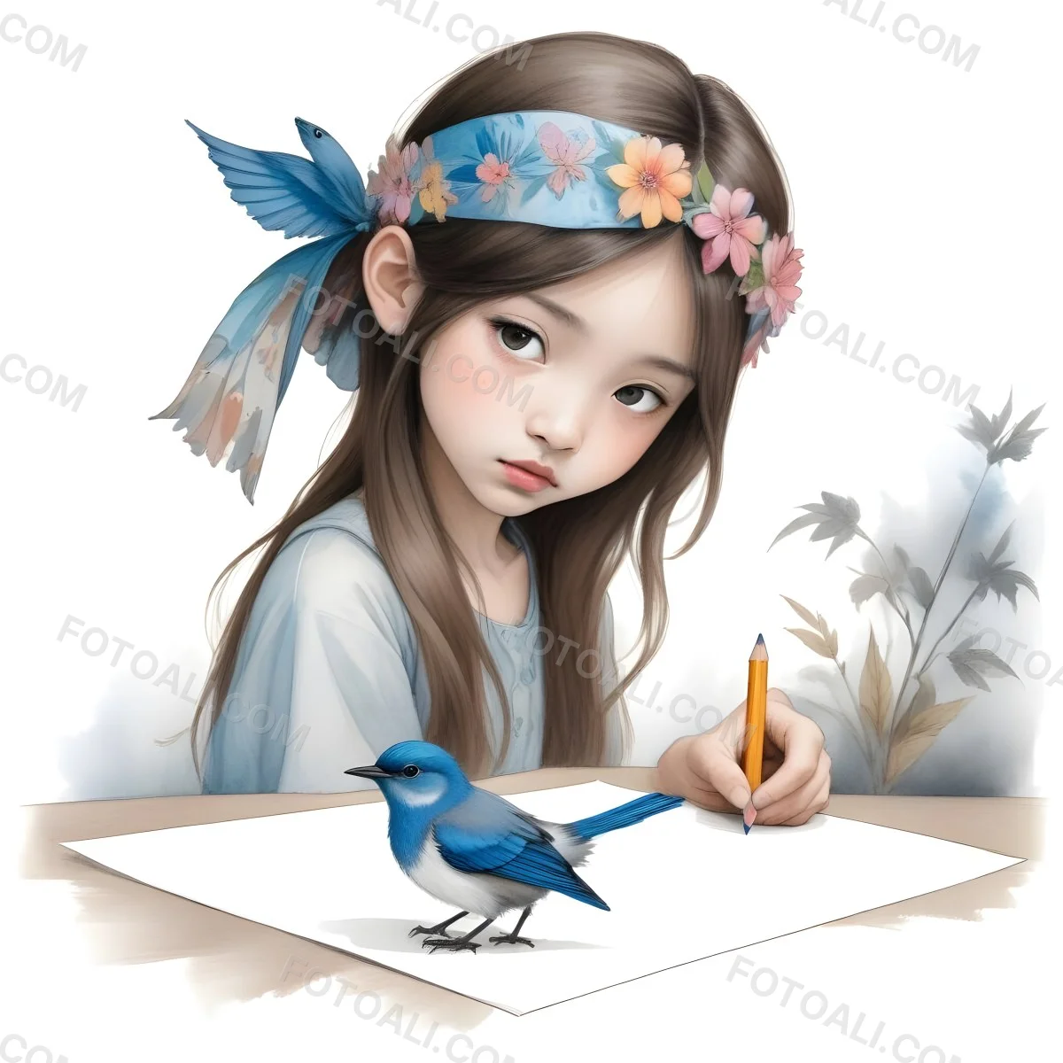 A Young Asian Girl With Long Dark Hair Wearing A Flower Crown Sitting At A Table And Drawing With Colored Pencils With A Blue Bird Perched Next To Her 384 F4f9