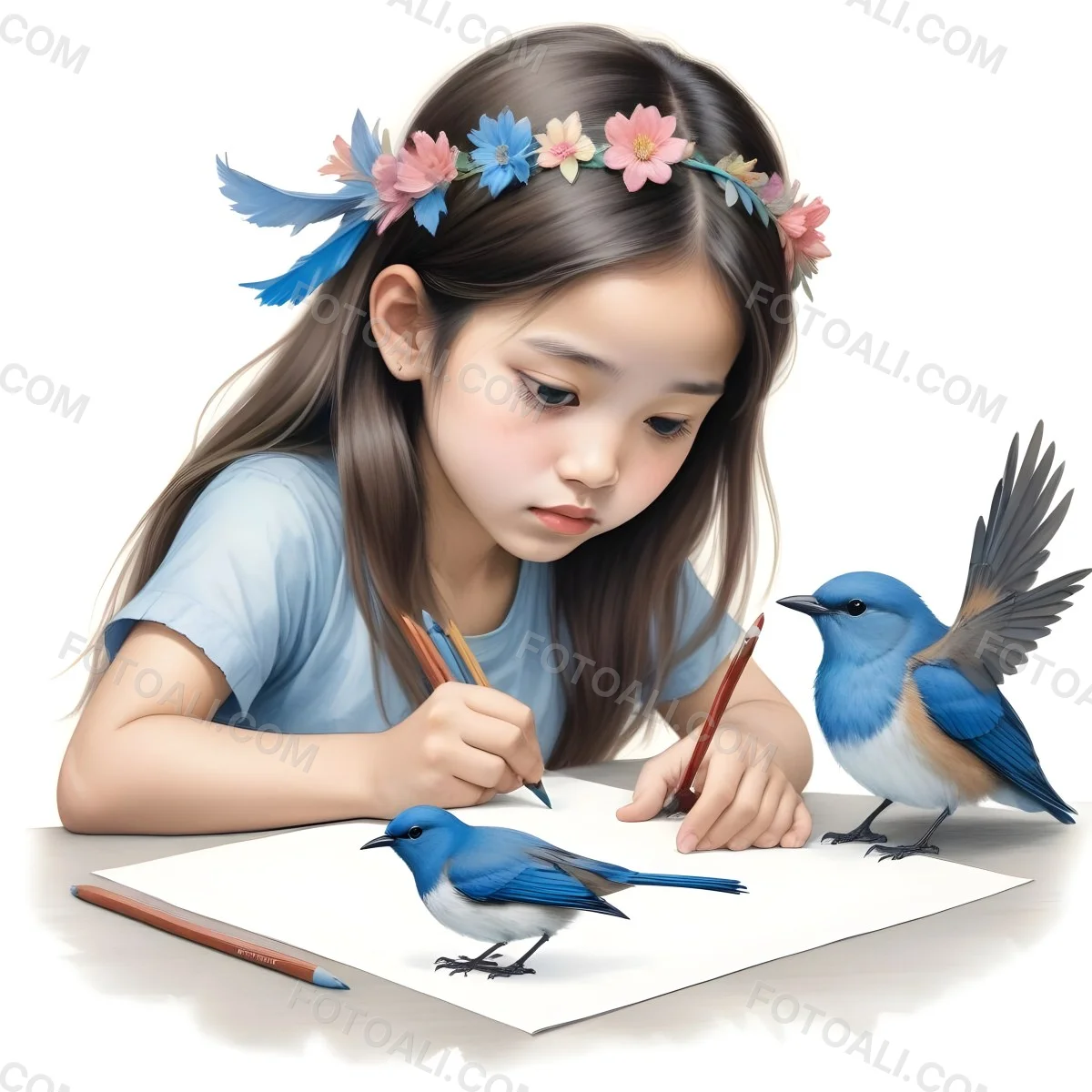 A Young Asian Girl With Long Dark Hair Wearing A Flower Crown Sitting At A Table And Drawing With Colored Pencils With A Blue Bird Perched Next To Her 401 1808