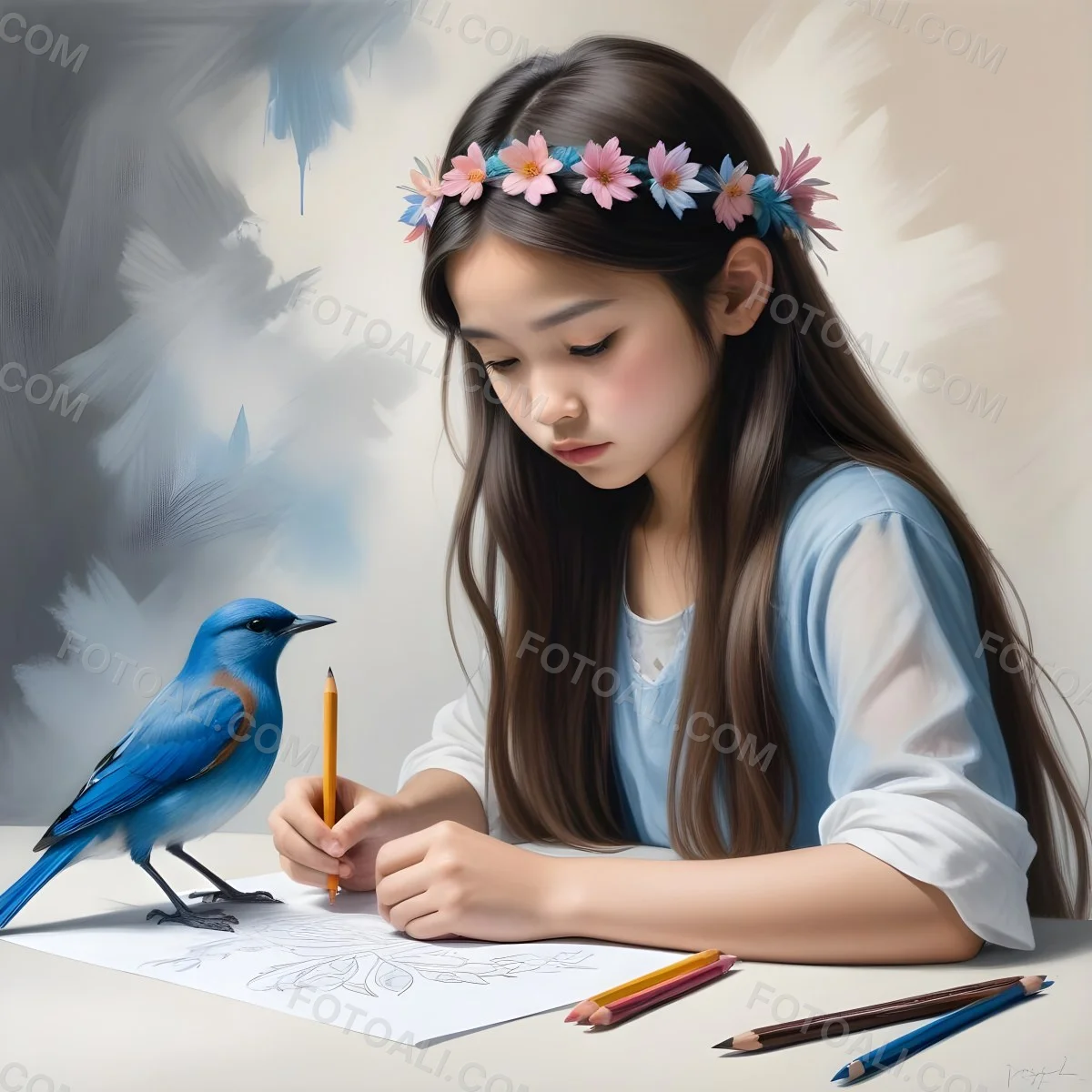 A Young Asian Girl With Long Dark Hair Wearing A Flower Crown Sitting At A Table And Drawing With Colored Pencils With A Blue Bird Perched Next To Her 410 1665