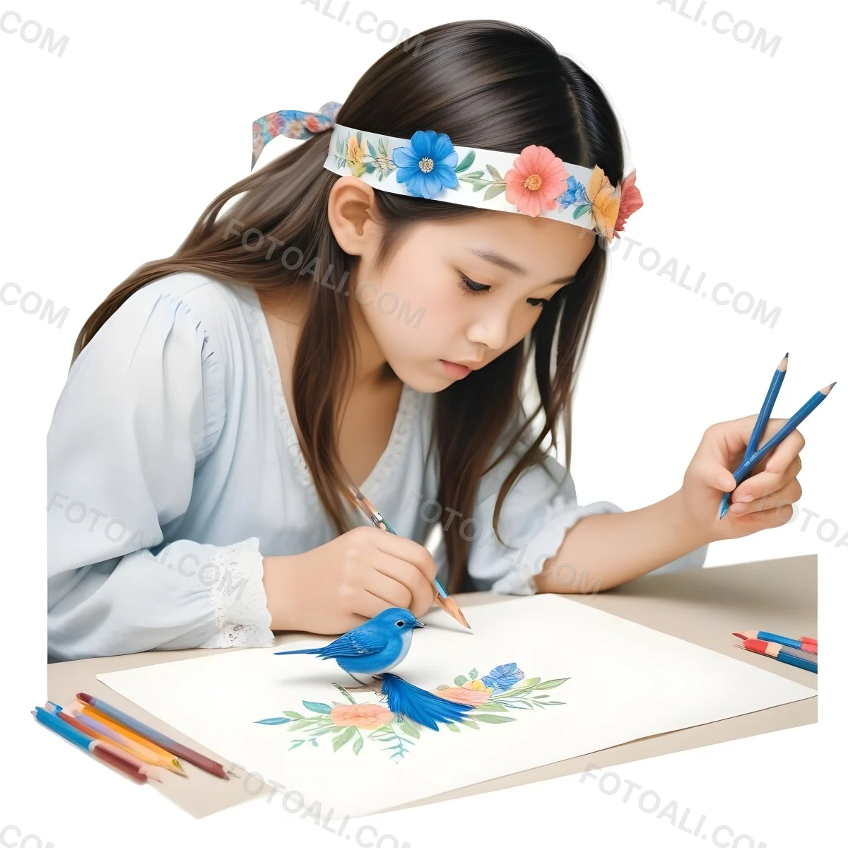 A Young Asian Girl With Long Dark Hair Wearing A Flower Crown Sitting At A Table And Drawing With Colored Pencils With A Blue Bird Perched Next To Her 425 001f