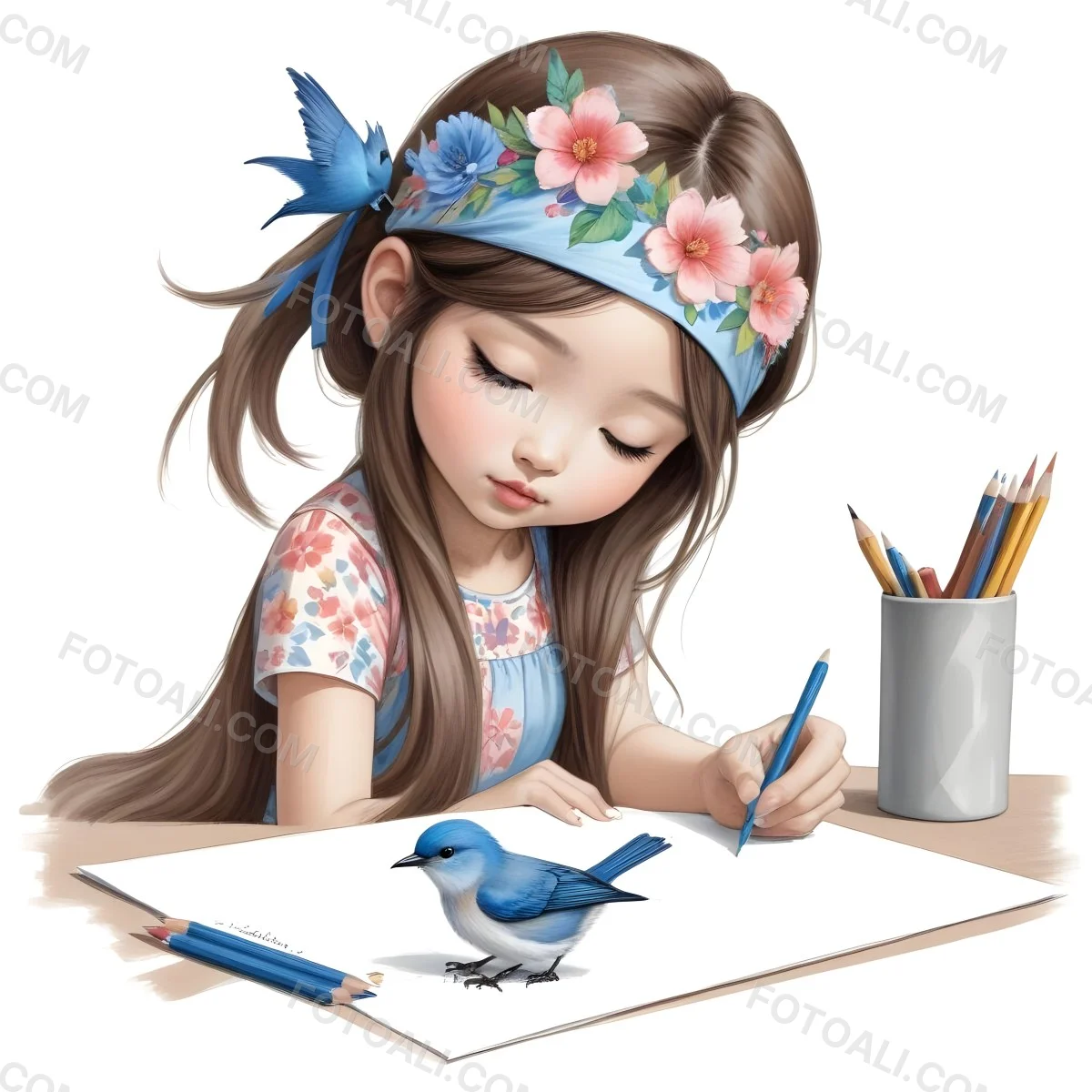 A Young Asian Girl With Long Dark Hair Wearing A Flower Crown Sitting At A Table And Drawing With Colored Pencils With A Blue Bird Perched Next To Her 5 9acb