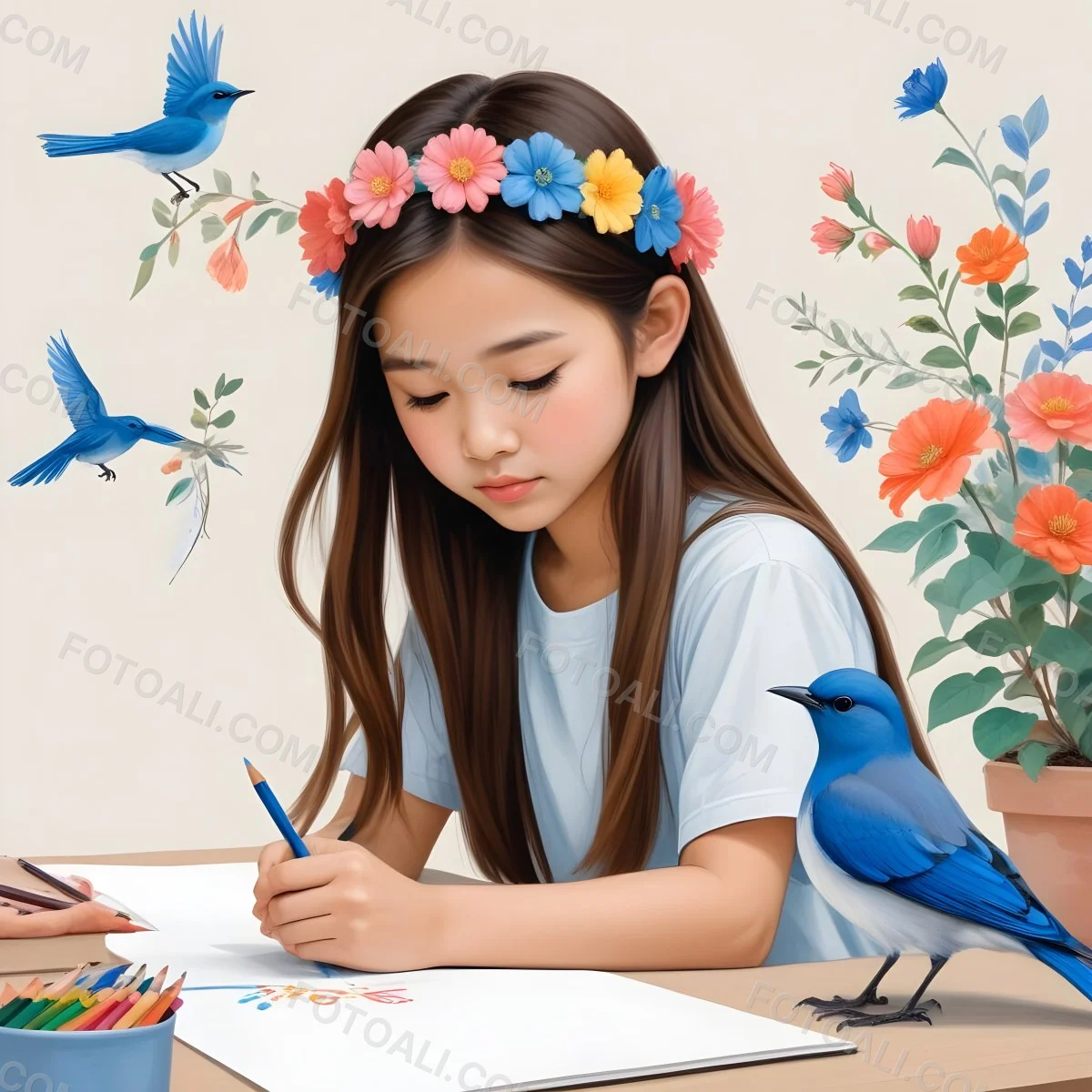 A Young Asian Girl With Long Dark Hair Wearing A Flower Crown Sitting At A Table And Drawing With Colored Pencils With A Blue Bird Perched Next To Her 6 F76f