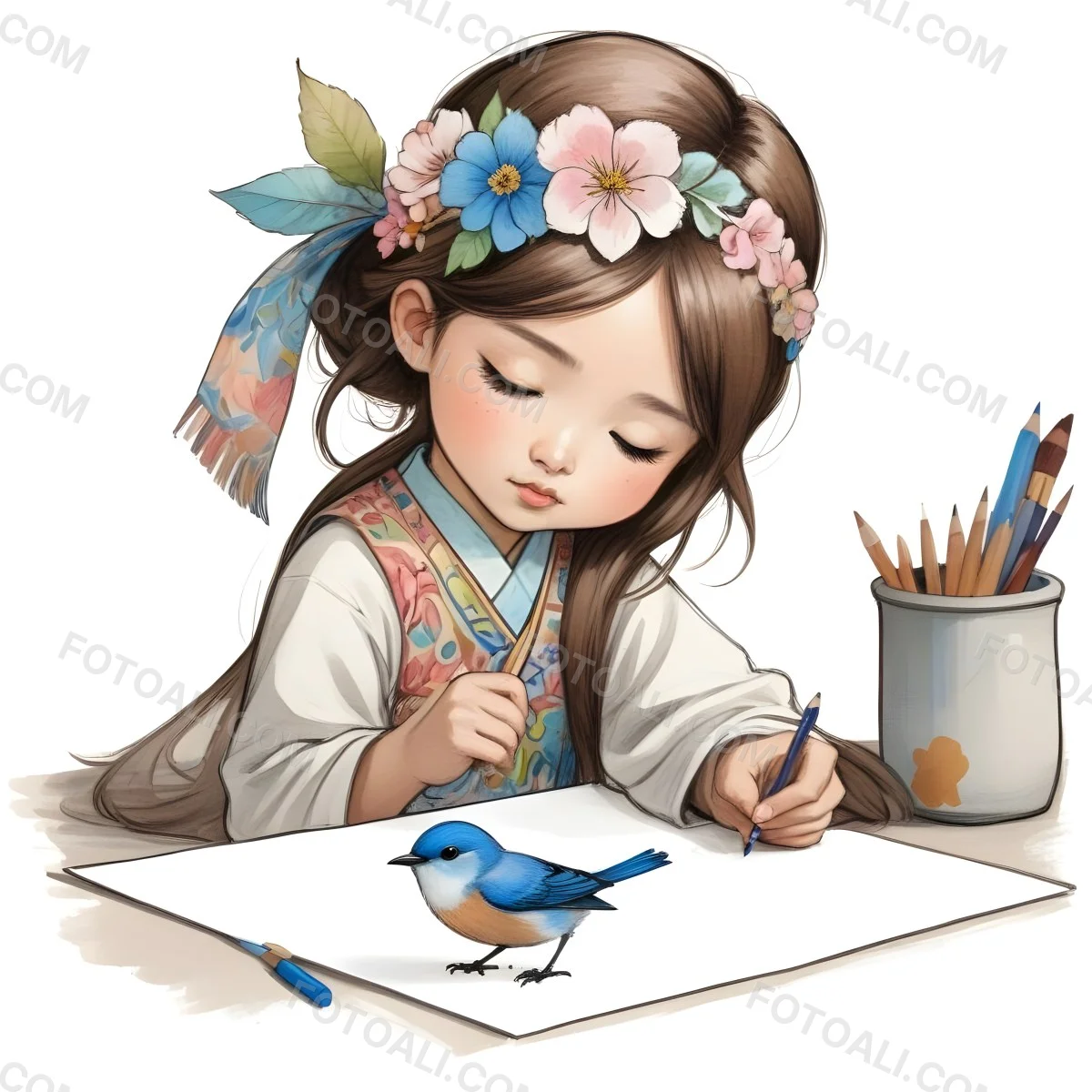 A Young Asian Girl With Long Dark Hair Wearing A Flower Crown Sitting At A Table And Drawing With Colored Pencils With A Blue Bird Perched Next To Her 7 5006