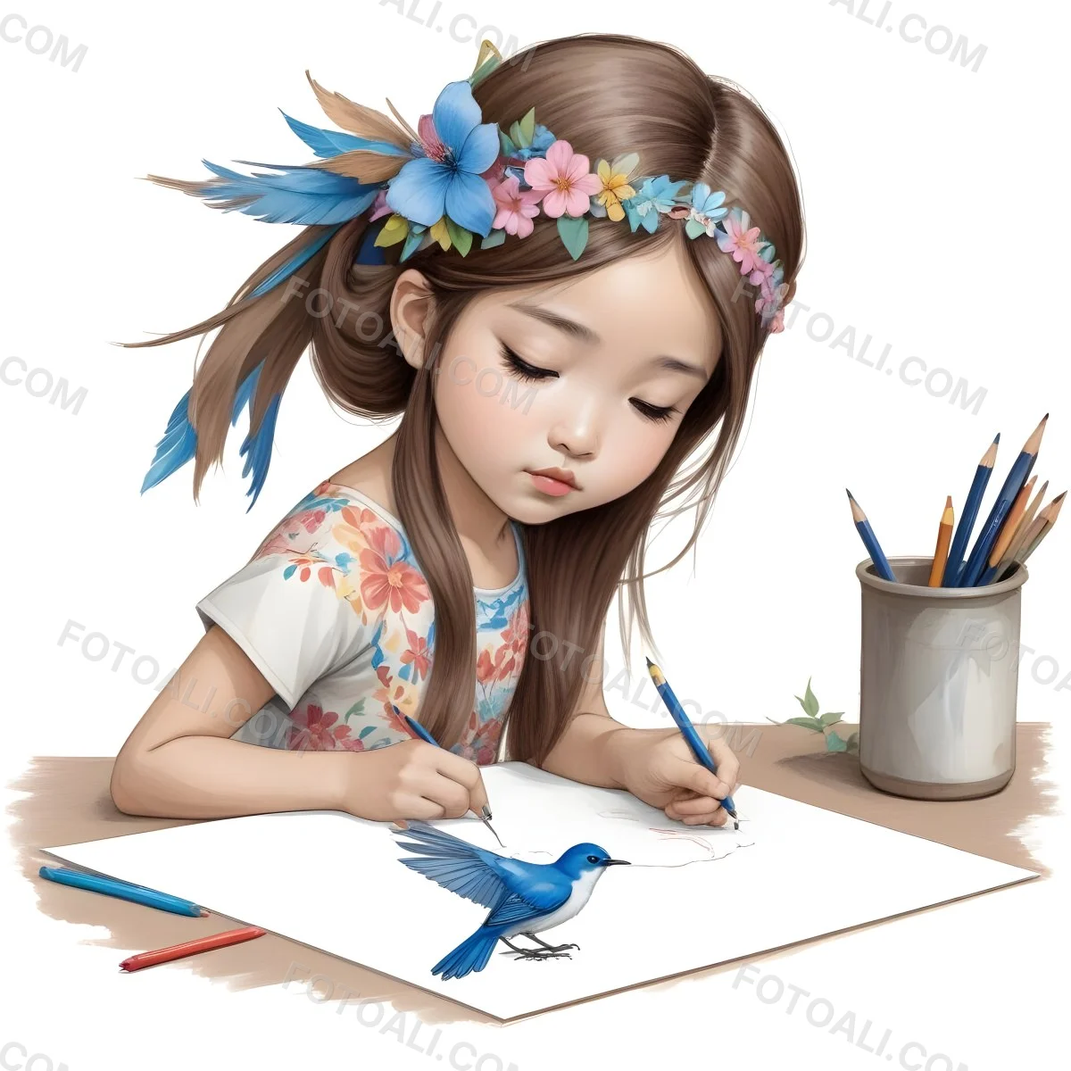 A Young Asian Girl With Long Dark Hair Wearing A Flower Crown Sitting At A Table And Drawing With Colored Pencils With A Blue Bird Perched Next To Her 8 5a78