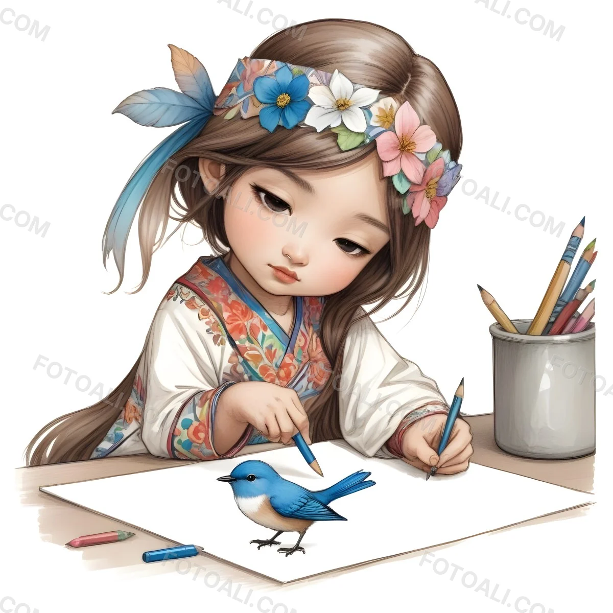 A Young Asian Girl With Long Dark Hair Wearing A Flower Crown Sitting At A Table And Drawing With Colored Pencils With A Blue Bird Perched Next To Her 9 015d