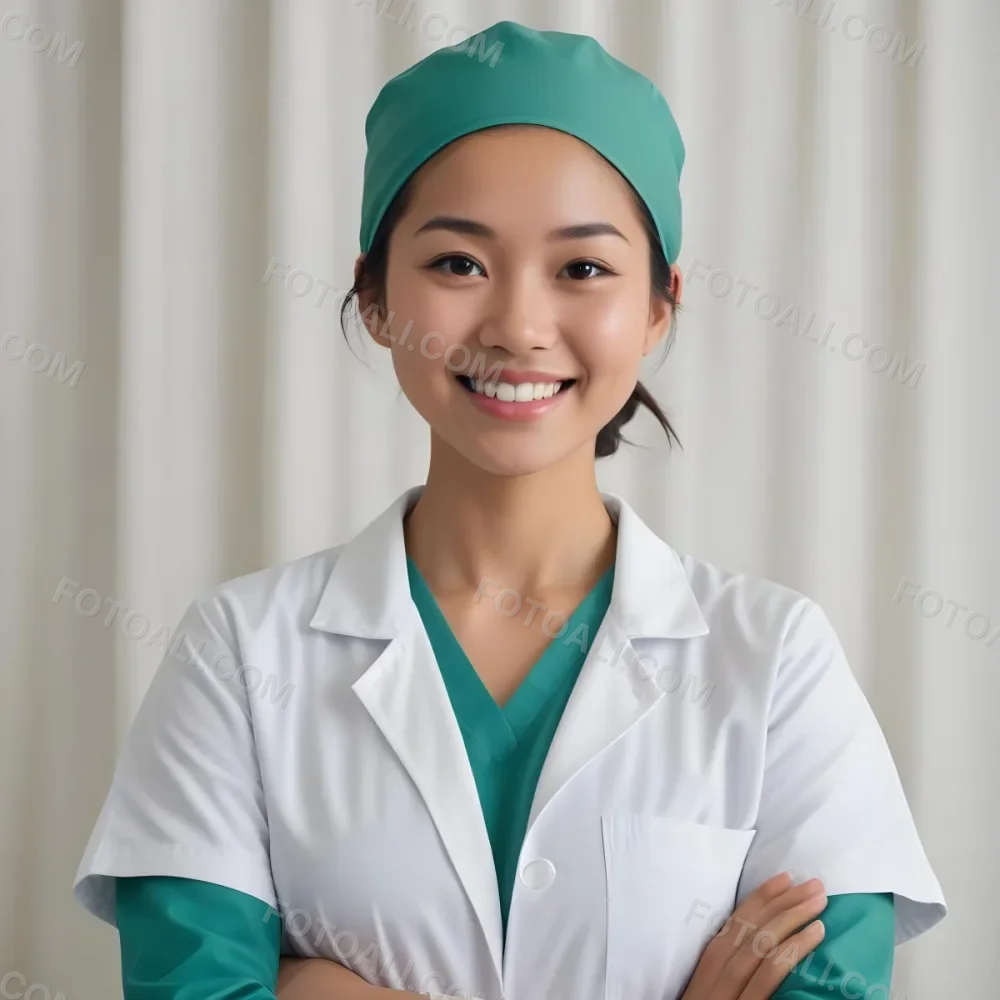 A Young Asian Woman Approximately 25 Years Old With Light Brown Skin And Dark Hair Wearing A Green Surgical Cap And A Surgical Mask Around Her Neck She Is Dressed In A White Lab Coat Over A Gray Shirt Standing With He 1 C705