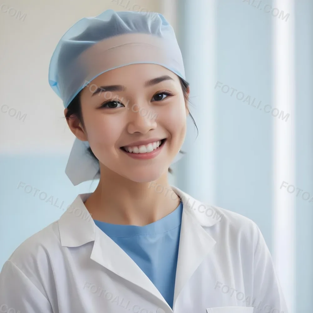 A Young Asian Woman With Light Skin Wearing A Surgical Cap And A Face Mask Smiling She Is Dressed In A White Lab Coat Over A Blue Shirt The Background Is A Soft Light Color 103 16bd