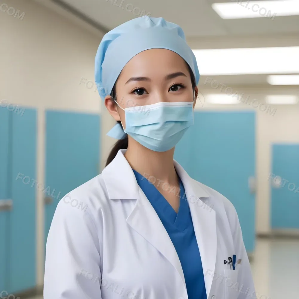 A Young Asian Woman With Light Skin Wearing A Surgical Cap And A Face Mask Smiling She Is Dressed In A White Lab Coat Over A Blue Shirt The Background Is A Soft Light Color 107 8370