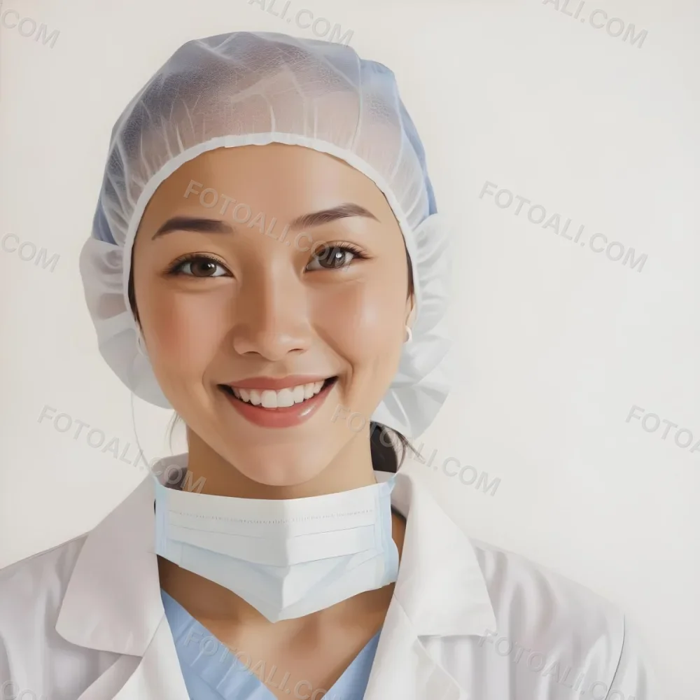 A Young Asian Woman With Light Skin Wearing A Surgical Cap And A Face Mask Smiling She Is Dressed In A White Lab Coat Over A Blue Shirt The Background Is A Soft Light Color 2 8910
