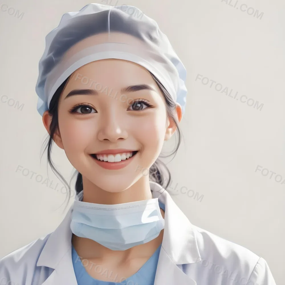 A Young Asian Woman With Light Skin Wearing A Surgical Cap And A Face Mask Smiling She Is Dressed In A White Lab Coat Over A Blue Shirt The Background Is A Soft Light Color 25 8853
