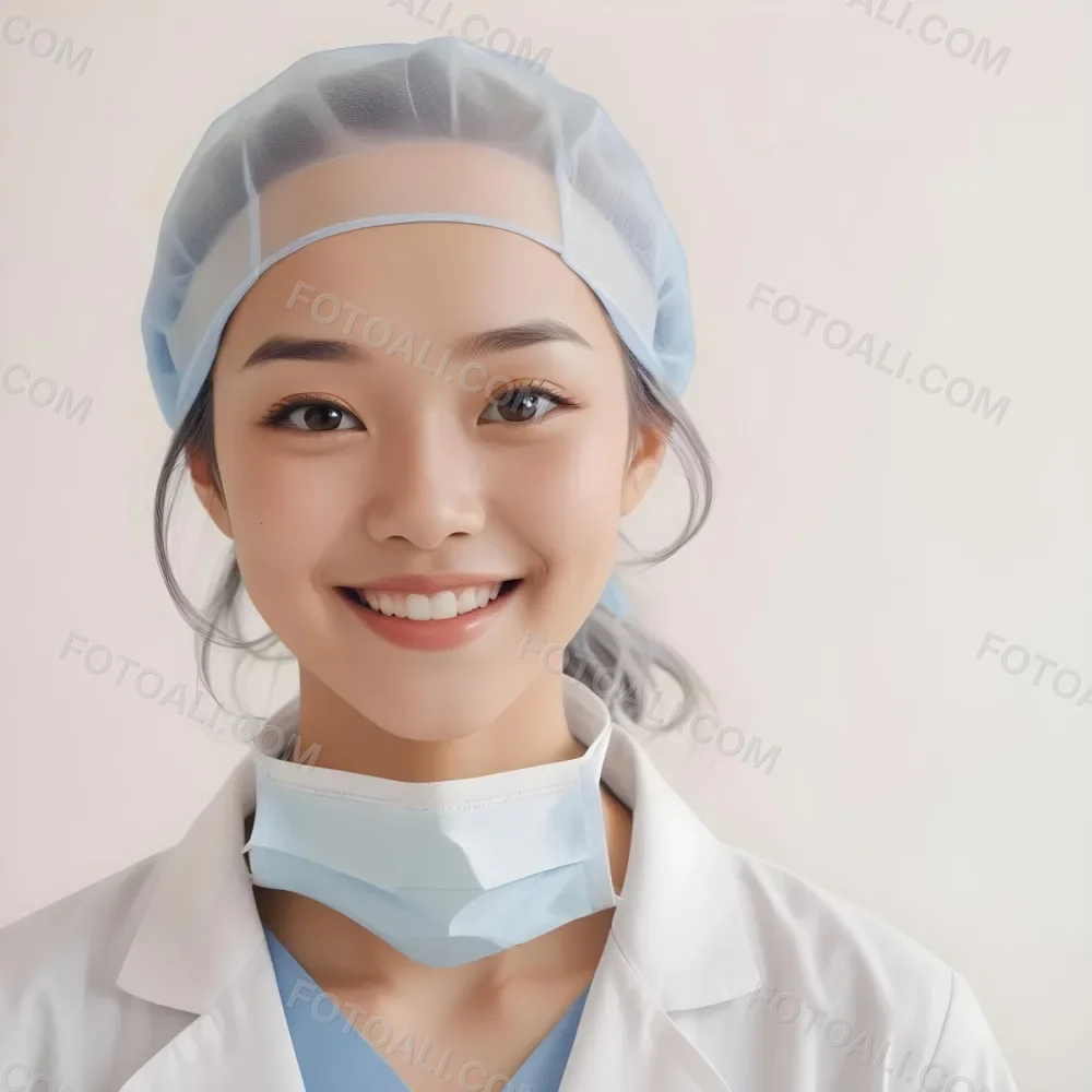 A Young Asian Woman With Light Skin Wearing A Surgical Cap And A Face Mask Smiling She Is Dressed In A White Lab Coat Over A Blue Shirt The Background Is A Soft Light Color 29 E4b3