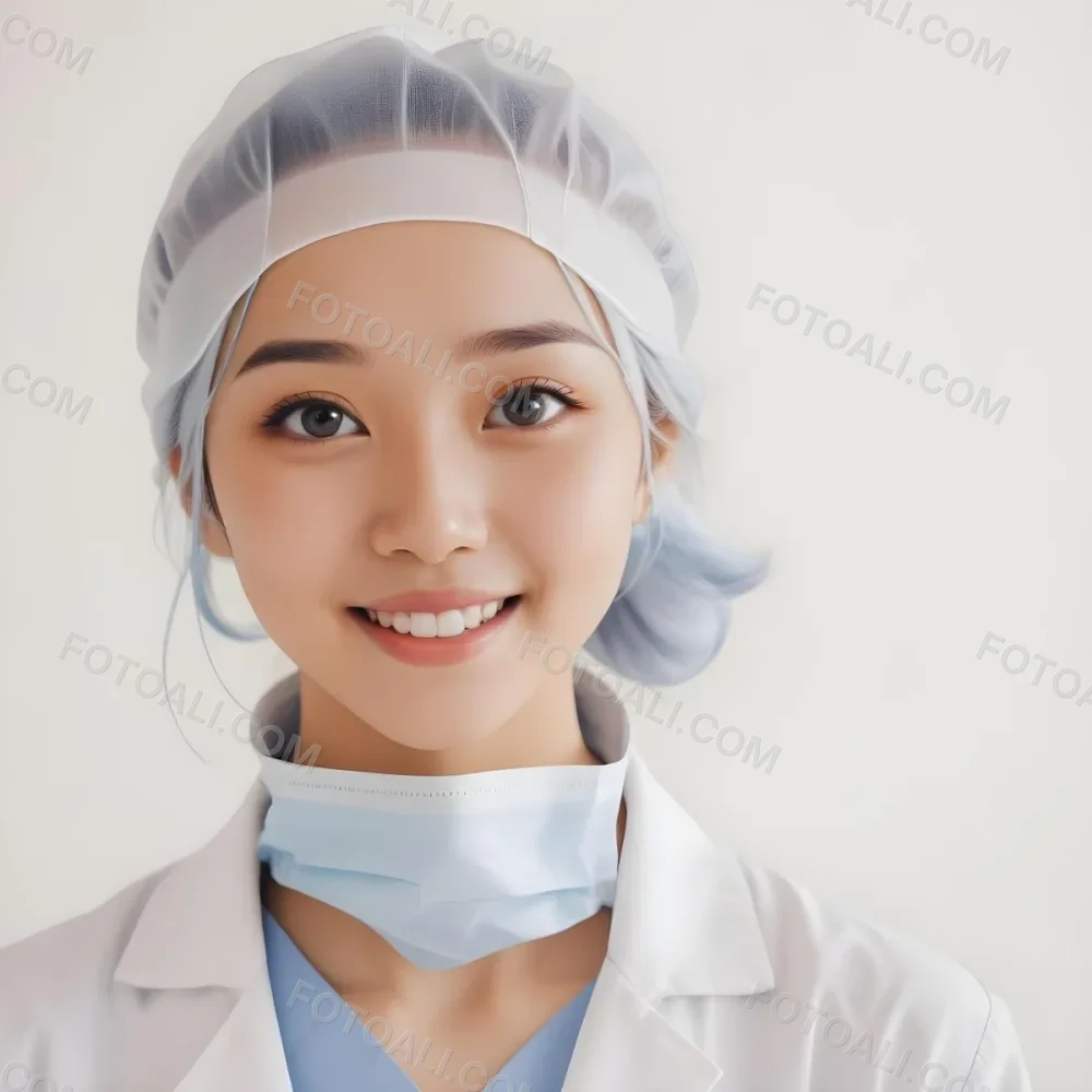A Young Asian Woman With Light Skin Wearing A Surgical Cap And A Face Mask Smiling She Is Dressed In A White Lab Coat Over A Blue Shirt The Background Is A Soft Light Color 34 3fe4