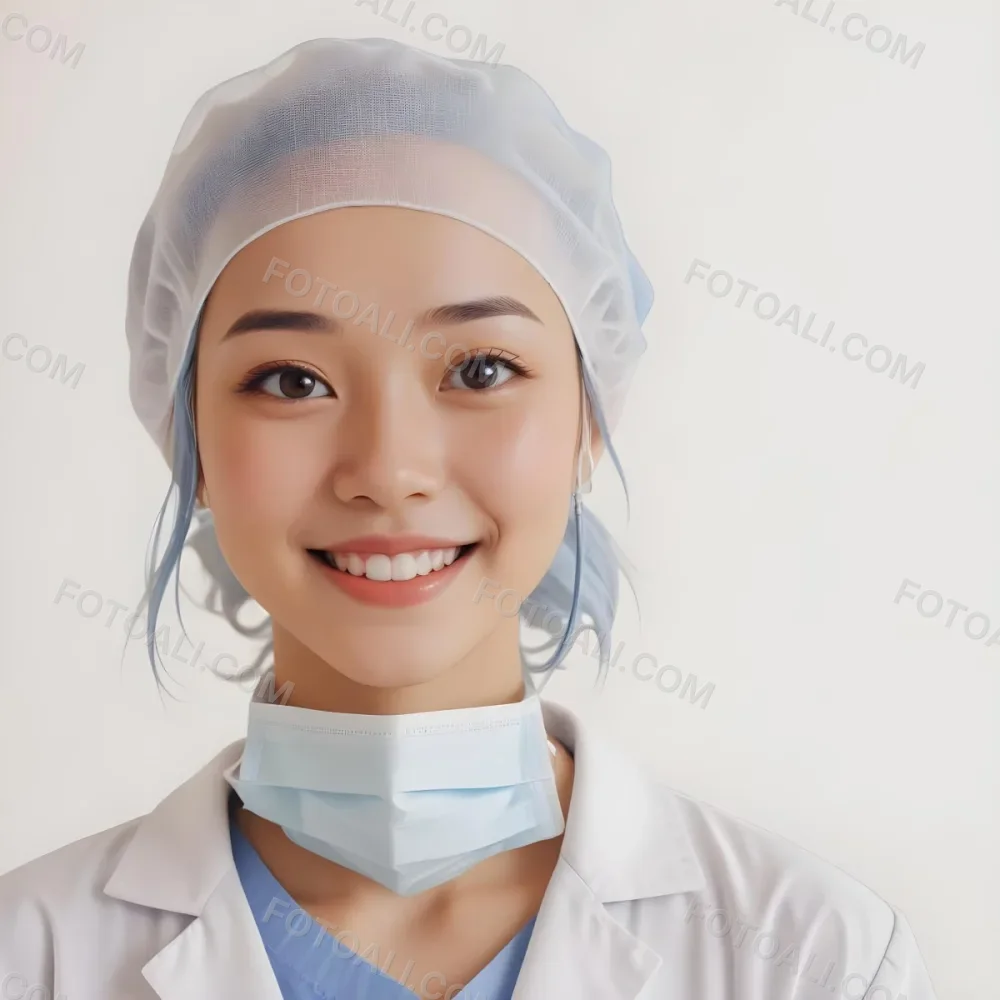 A Young Asian Woman With Light Skin Wearing A Surgical Cap And A Face Mask Smiling She Is Dressed In A White Lab Coat Over A Blue Shirt The Background Is A Soft Light Color 38 9785