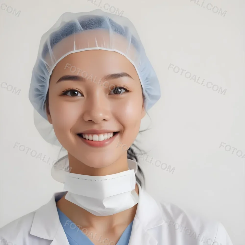 A Young Asian Woman With Light Skin Wearing A Surgical Cap And A Face Mask Smiling She Is Dressed In A White Lab Coat Over A Blue Shirt The Background Is A Soft Light Color 53 897d