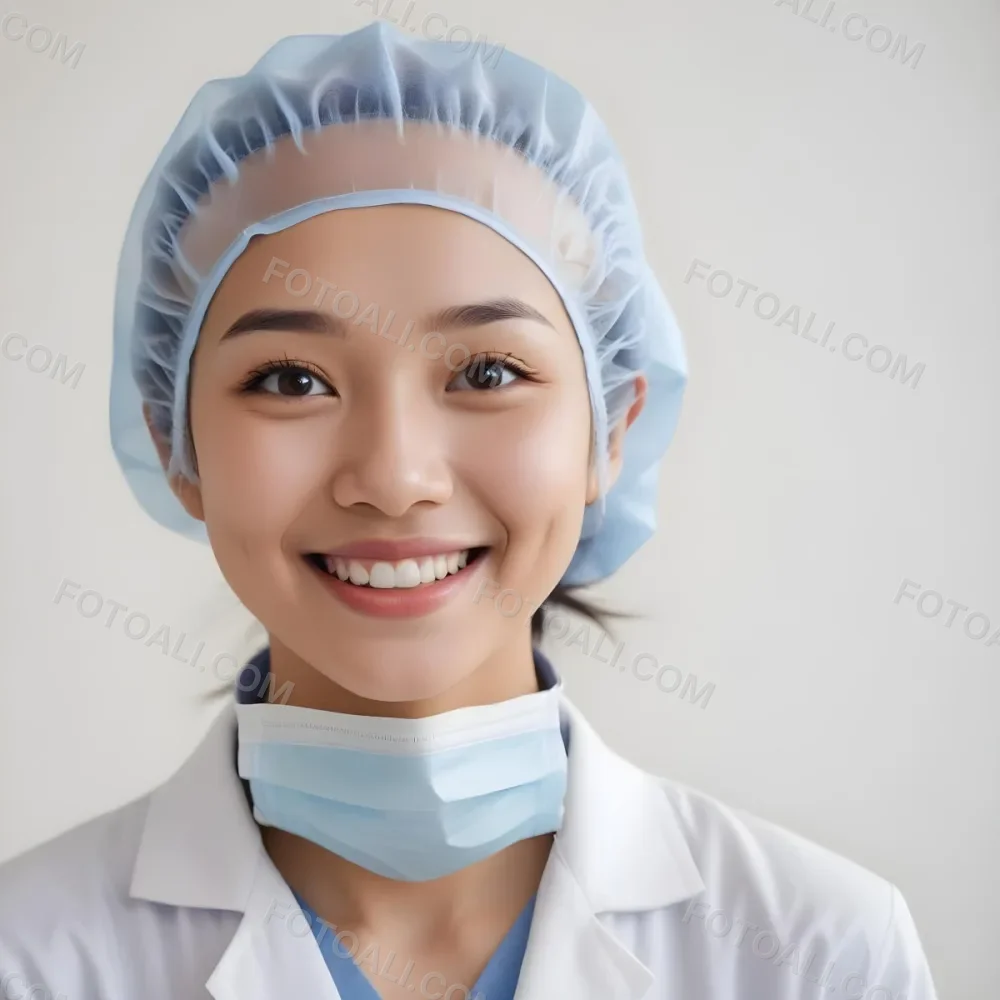 A Young Asian Woman With Light Skin Wearing A Surgical Cap And A Face Mask Smiling She Is Dressed In A White Lab Coat Over A Blue Shirt The Background Is A Soft Light Color 57 A961