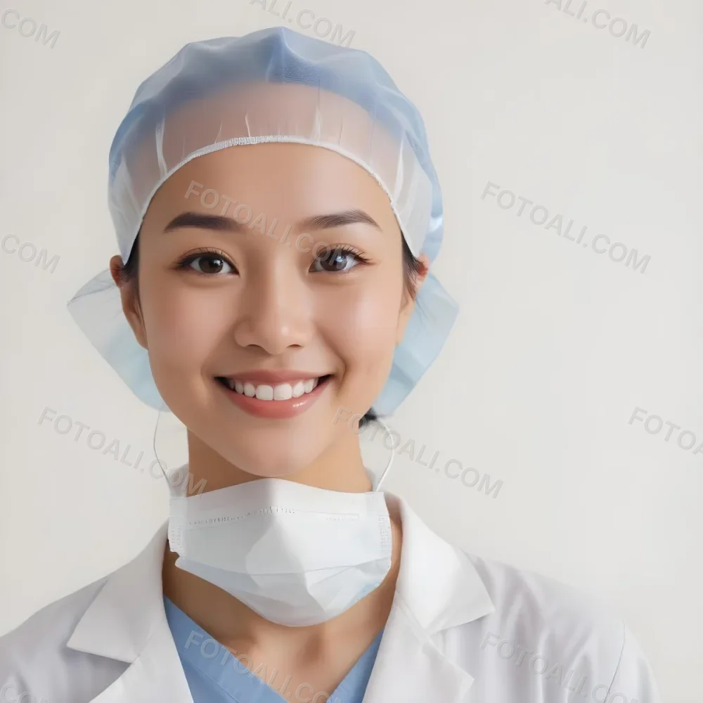 A Young Asian Woman With Light Skin Wearing A Surgical Cap And A Face Mask Smiling She Is Dressed In A White Lab Coat Over A Blue Shirt The Background Is A Soft Light Color 62 8ccc