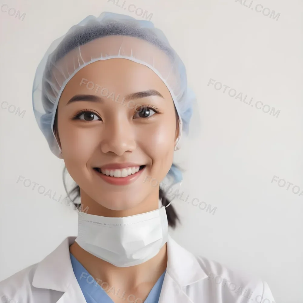 A Young Asian Woman With Light Skin Wearing A Surgical Cap And A Face Mask Smiling She Is Dressed In A White Lab Coat Over A Blue Shirt The Background Is A Soft Light Color 66 8453