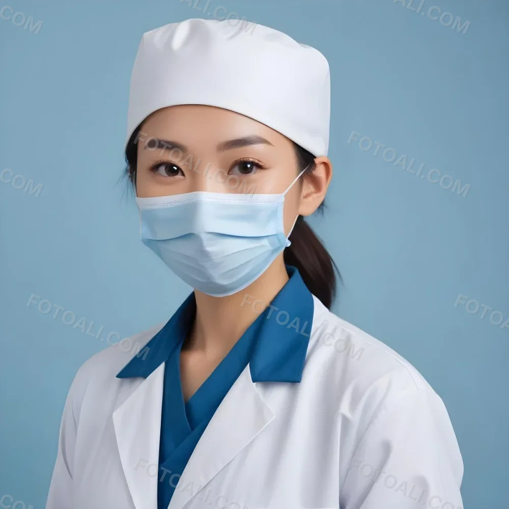A Young Asian Woman With Light Skin Wearing A Surgical Cap And A Face Mask Smiling She Is Dressed In A White Lab Coat Over A Blue Shirt The Background Is A Soft Light Color 70 08d3