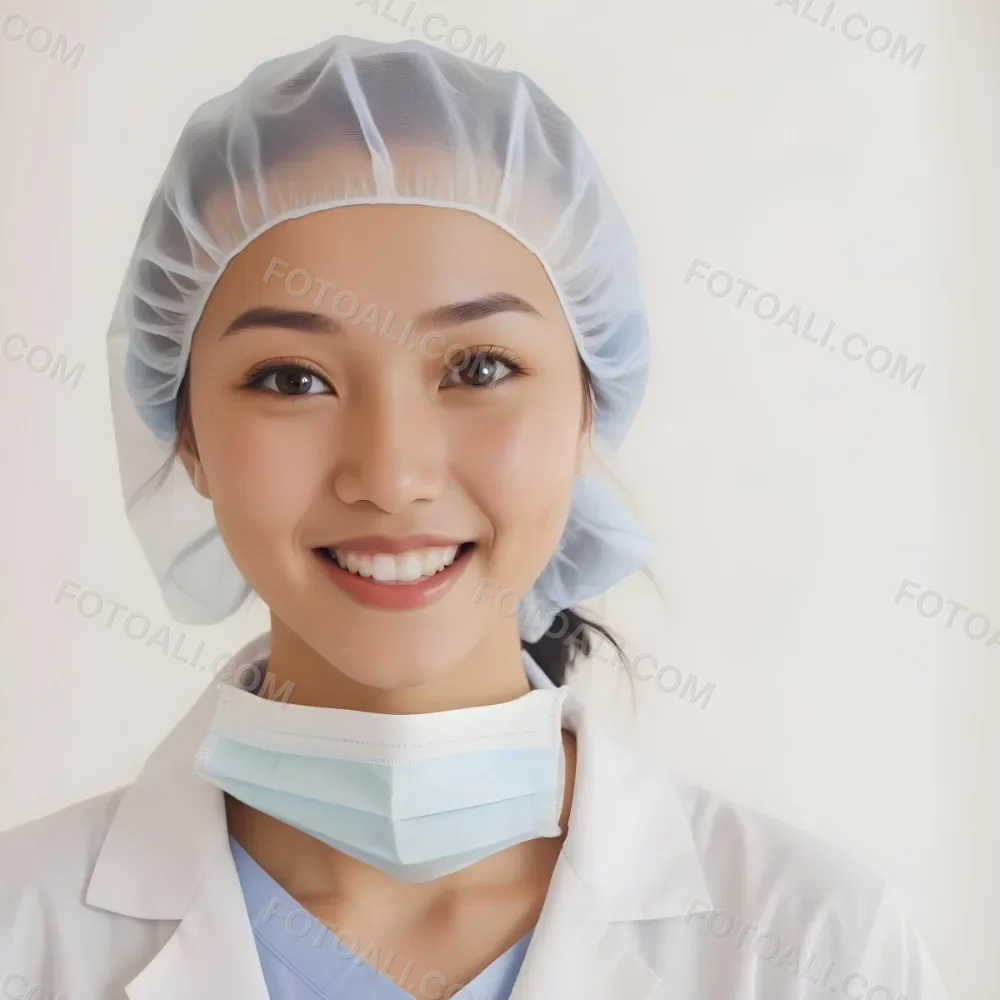 A Young Asian Woman With Light Skin Wearing A Surgical Cap And A Face Mask Smiling She Is Dressed In A White Lab Coat Over A Blue Shirt The Background Is A Soft Light Color 88 3873