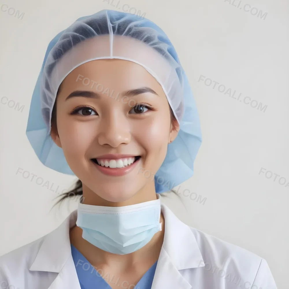 A Young Asian Woman With Light Skin Wearing A Surgical Cap And A Face Mask Smiling She Is Dressed In A White Lab Coat Over A Blue Shirt The Background Is A Soft Light Color 89 Bf45