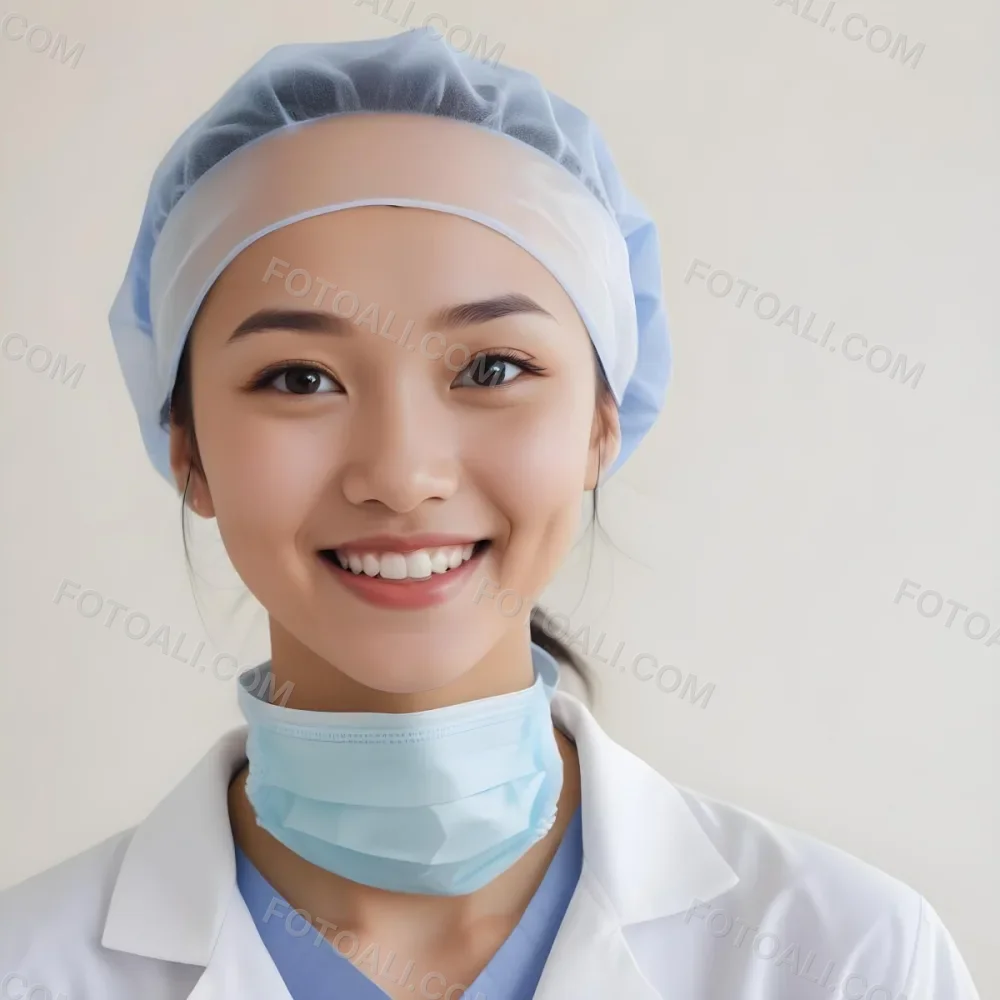 A Young Asian Woman With Light Skin Wearing A Surgical Cap And A Face Mask Smiling She Is Dressed In A White Lab Coat Over A Blue Shirt The Background Is A Soft Light Color 90 1495