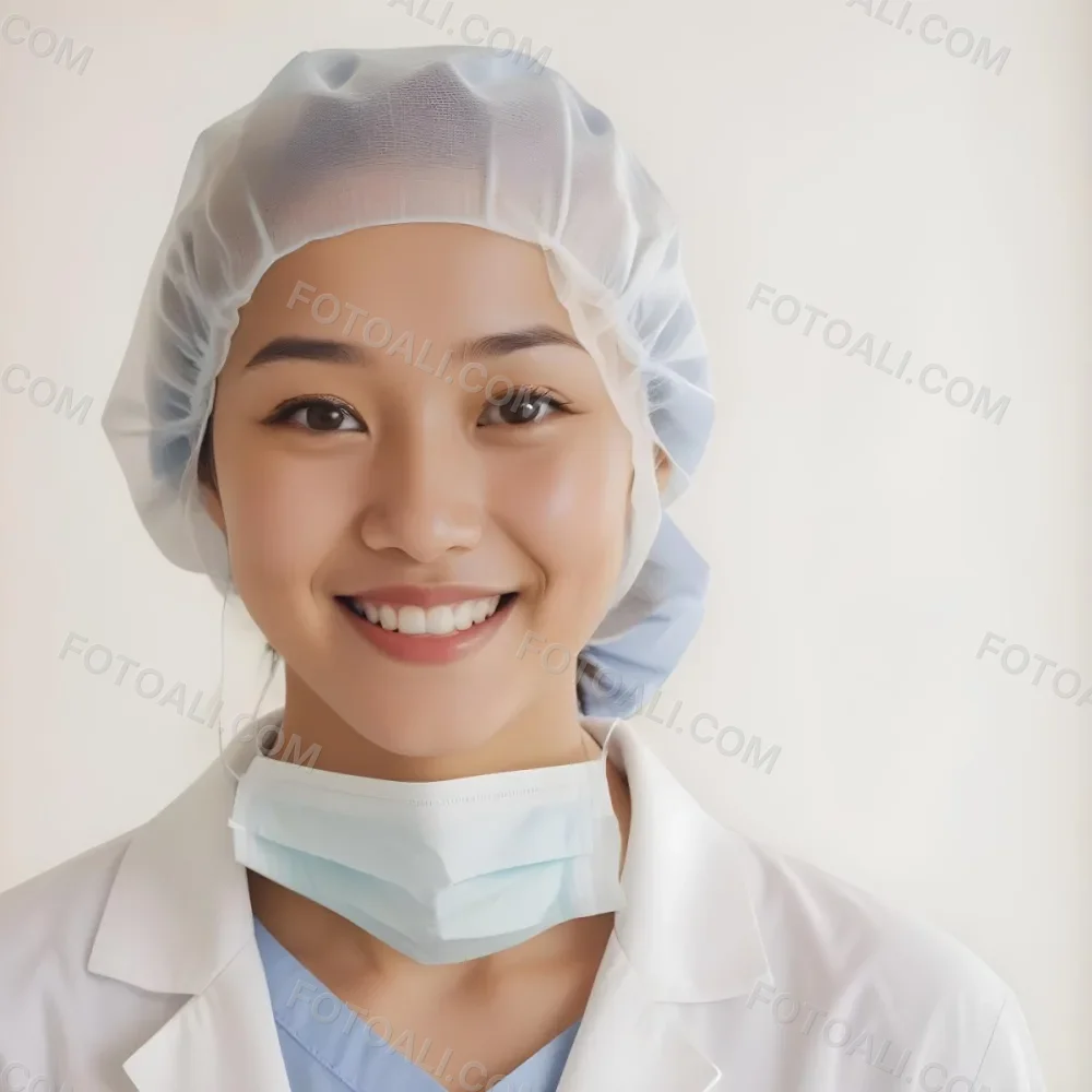 A Young Asian Woman With Light Skin Wearing A Surgical Cap And A Face Mask Smiling She Is Dressed In A White Lab Coat Over A Blue Shirt The Background Is A Soft Light Color 93 Eb46
