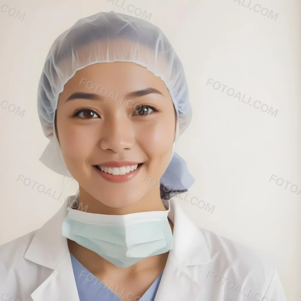 A Young Asian Woman With Light Skin Wearing A Surgical Cap And A Face Mask Smiling She Is Dressed In A White Lab Coat Over A Blue Shirt The Background Is A Soft Light Color 94 Ed24