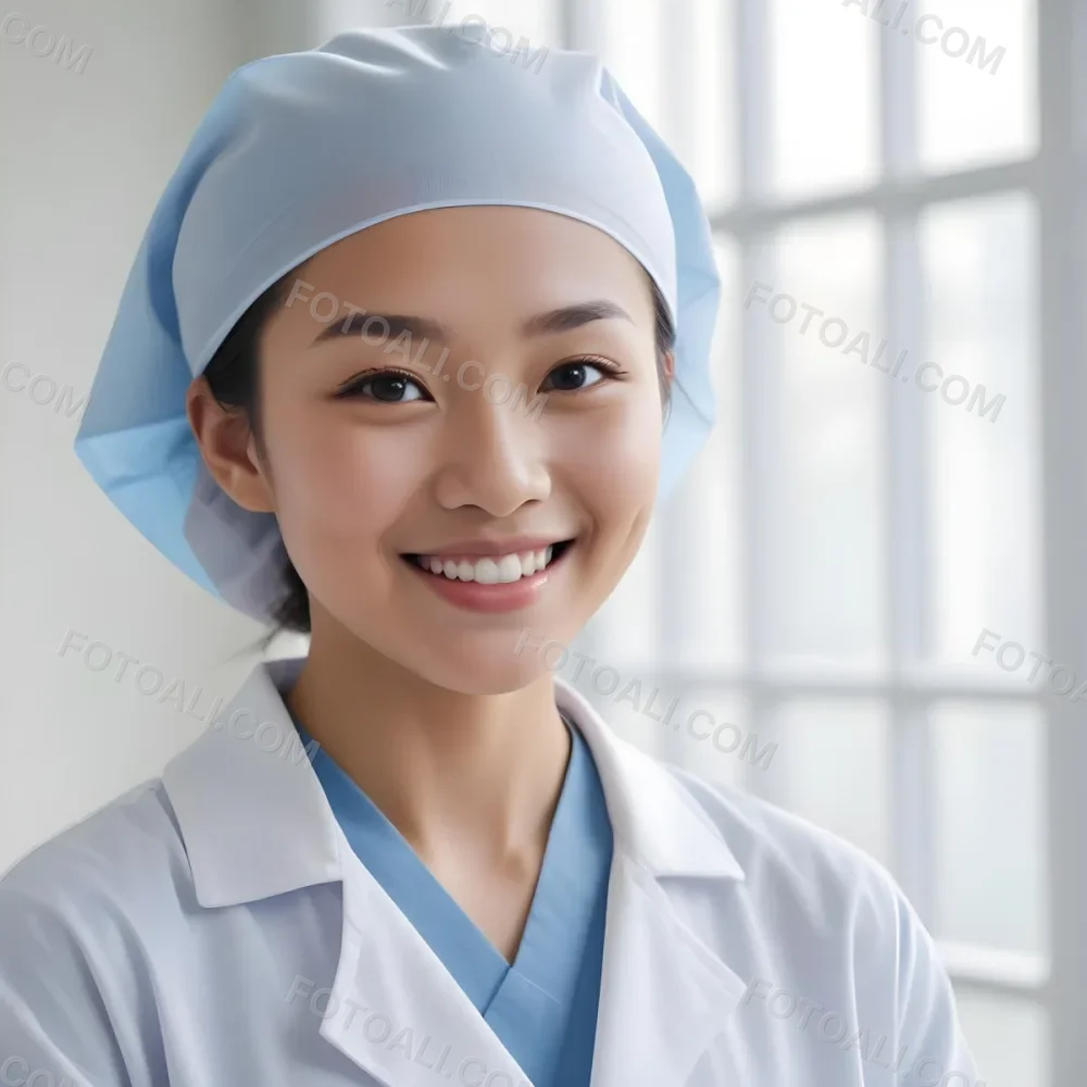 A Young Asian Woman With Light Skin Wearing A Surgical Cap And A Face Mask Smiling She Is Dressed In A White Lab Coat Over A Blue Shirt The Background Is A Soft Light Color 95 Fbae