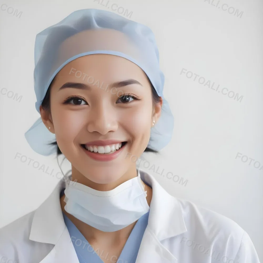 A Young Asian Woman With Light Skin Wearing A Surgical Cap And A Face Mask Smiling She Is Dressed In A White Lab Coat Over A Blue Shirt The Background Is A Soft Light Color 97 F889