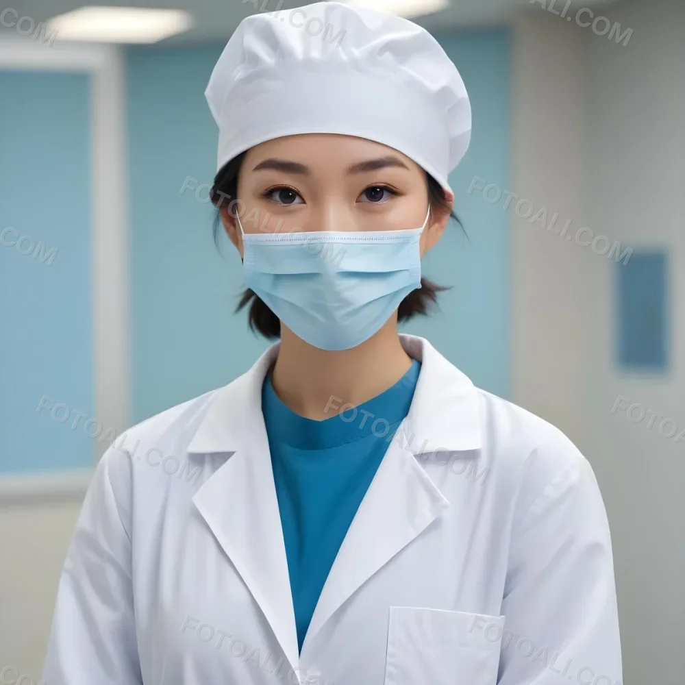 A Young Asian Woman With Light Skin Wearing A Surgical Cap And A Face Mask Smiling She Is Dressed In A White Lab Coat Over A Blue Shirt The Background Is A Soft Light Color 98 54a6