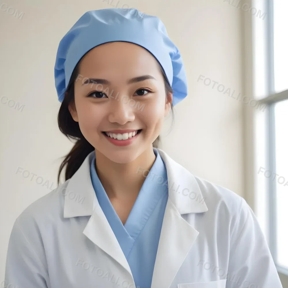 A Young Asian Woman With Light Skin Wearing A Surgical Cap And A Face Mask Smiling She Is Dressed In A White Lab Coat Over A Blue Shirt The Background Is A Soft Light Color 99 0e1e