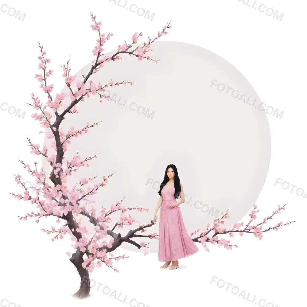 A Young Asian Woman With Long Black Hair Wearing A Pink Dress Standing In Front Of A White Background With Pink Cherry Blossom Flowers 2 5273