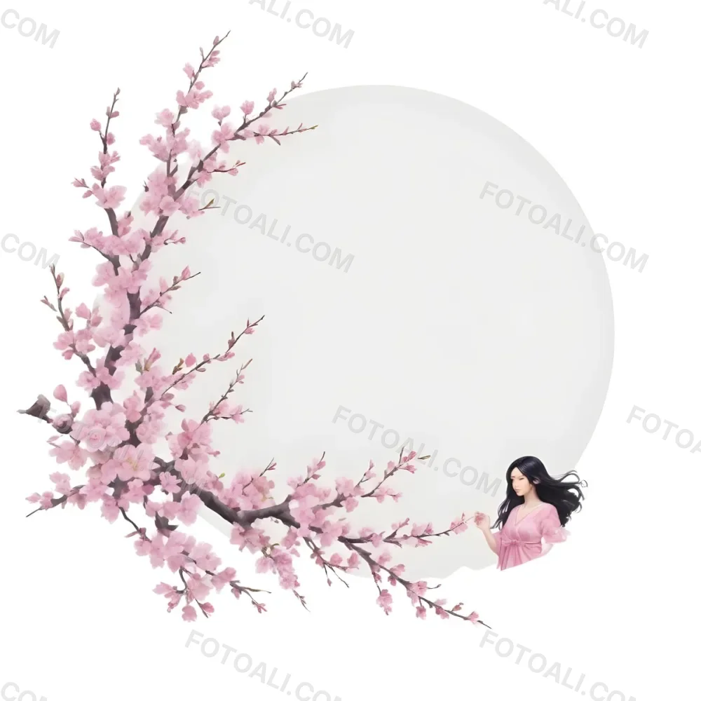 A Young Asian Woman With Long Black Hair Wearing A Pink Dress Standing In Front Of A White Background With Pink Cherry Blossom Flowers 3 5bfd