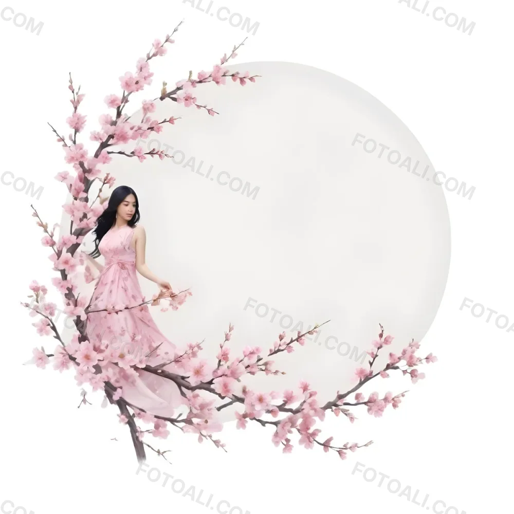 A Young Asian Woman With Long Black Hair Wearing A Pink Dress Standing In Front Of A White Background With Pink Cherry Blossom Flowers 4 B350
