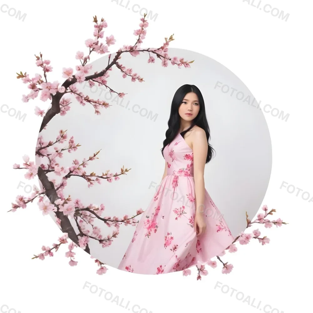 A Young Asian Woman With Long Black Hair Wearing A Pink Dress Standing In Front Of A White Background With Pink Cherry Blossom Flowers 6 E5fb